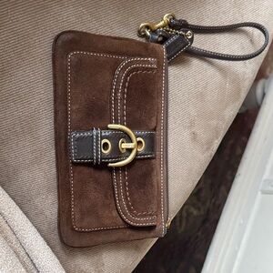 Coach Brown Suede Wristlet with Gold Accents